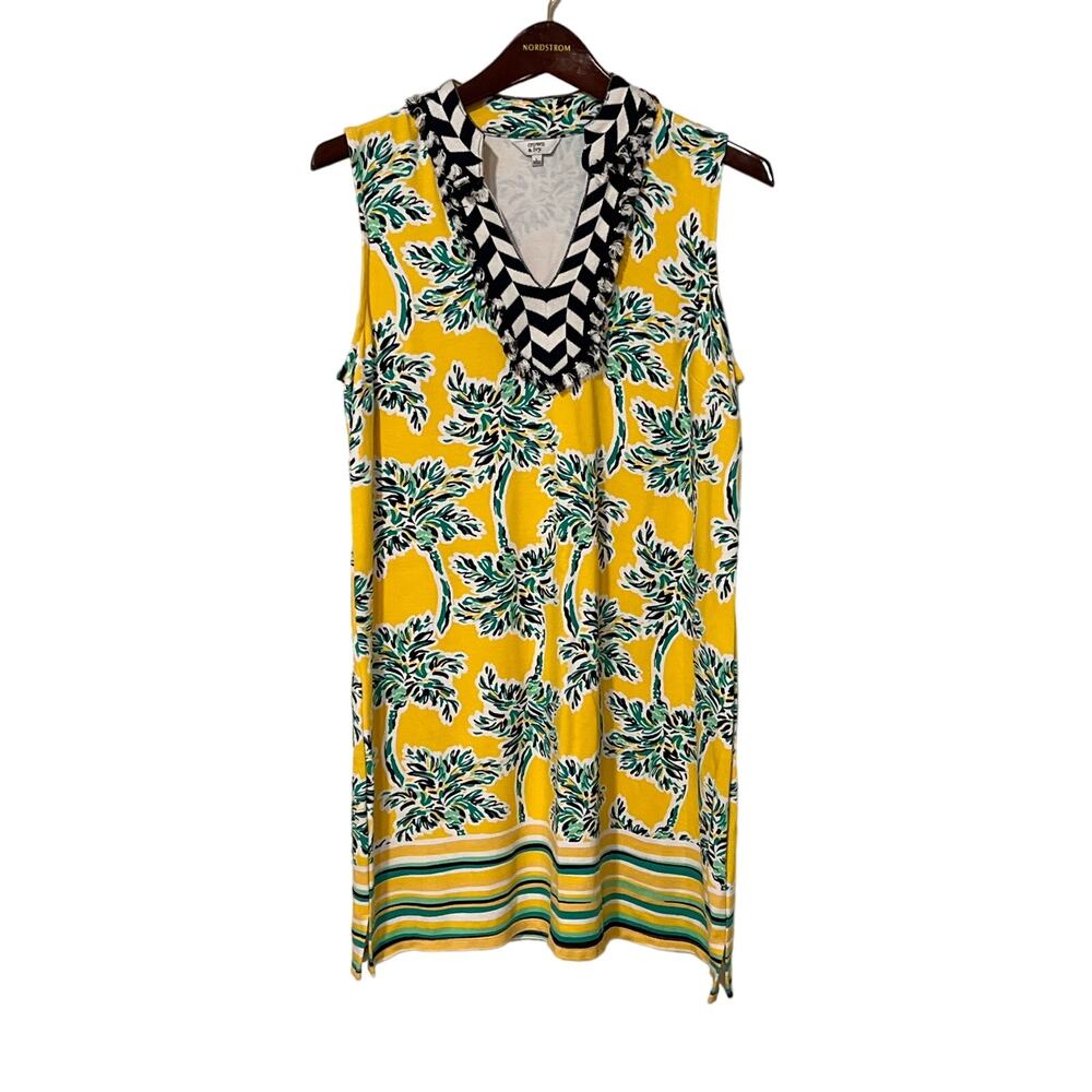 Crown & Ivy, Yellow and Black Palm Tree Dress, Sleeveless, Size L, 1097Z